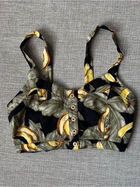 Black banana leaf Tropical print Button-Front Crop bustier Tank Top size Small